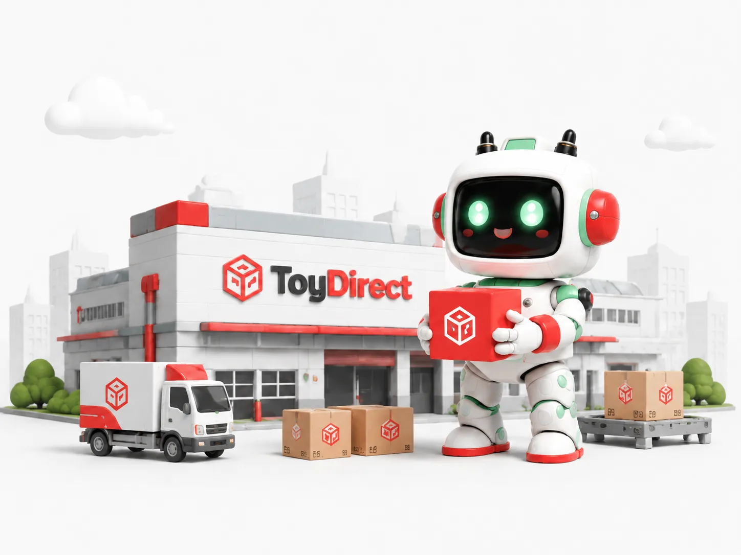 ToyDirect robot mascot at factory with delivery truck