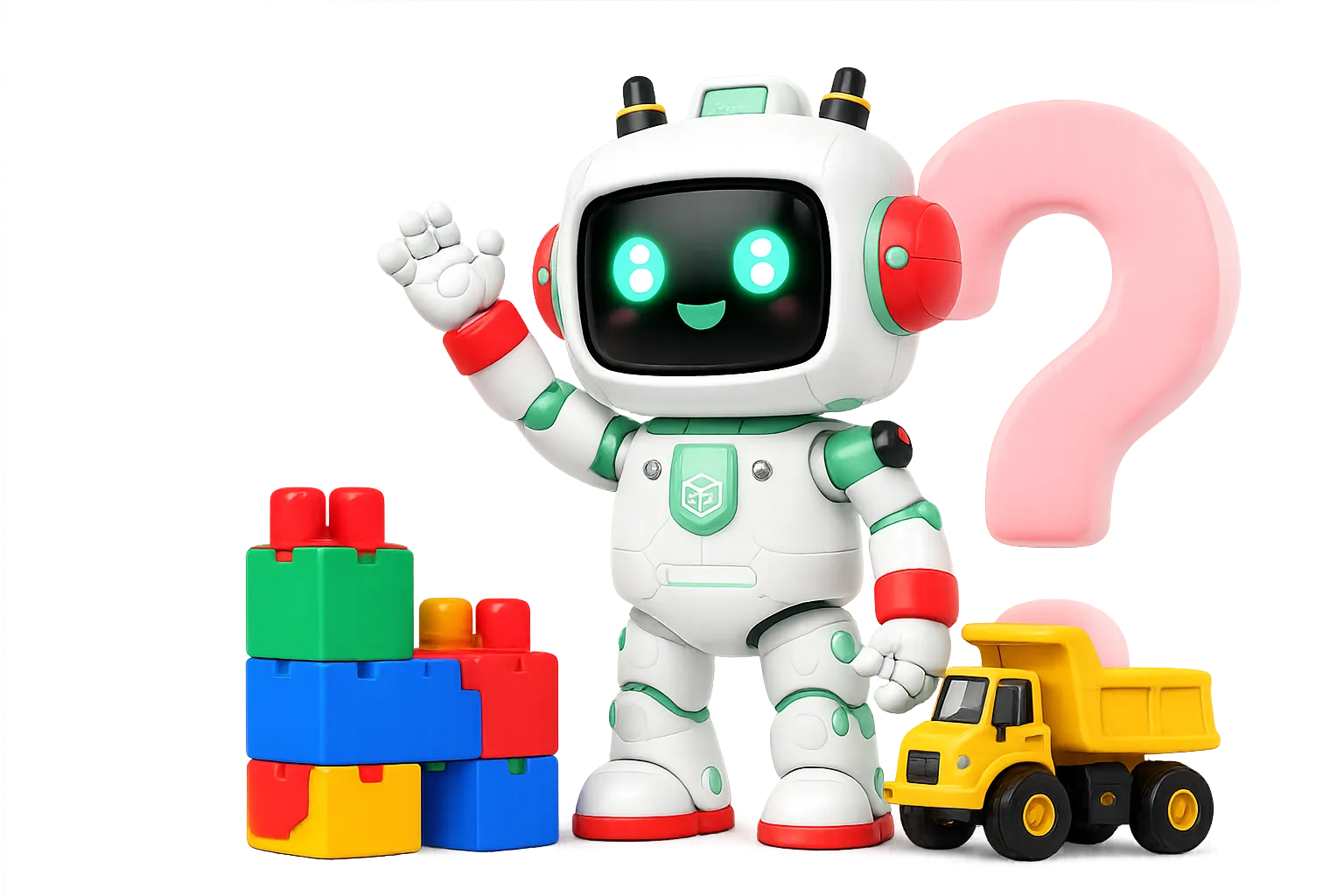 ToyDirect FAQ illustration with teddy bear, rocket and building blocks