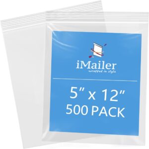 iMailer - 5" x 12" 500 Pack- 2 Mil Resealable Zip Bags- Small Clear Plastic B...
