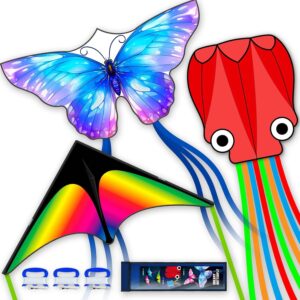 SGftre 3 Piece Set Butterfly Delta Octopus Kites for Kids and Adults，Easy to Fly