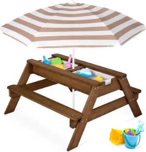 Best Choice Products Kids Picnic Table with Umbrella, 3-in-1 Sand & Water Table,