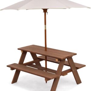 HONEY JOY Kids Picnic Table, Outdoor Wooden Bench Set w/Removable Umbrella, Chil