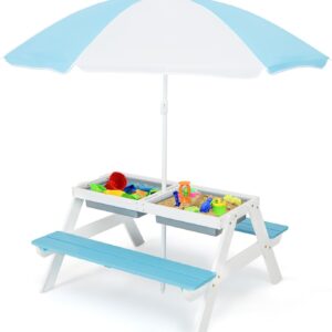 Costzon Kids Picnic Table with Sensory Bins, 4 in 1 Sand and Water Table with He