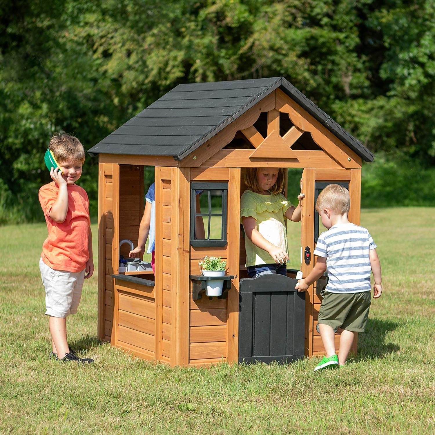 Backyard Discovery Sweetwater Cedar Wooden Kids Playhouse Cottage with Play Kitc
