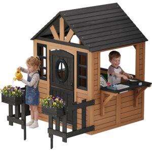 Albott Outdoor Wooden Playhouse with Kitchen Playset, Backyard Cottage for Kids
