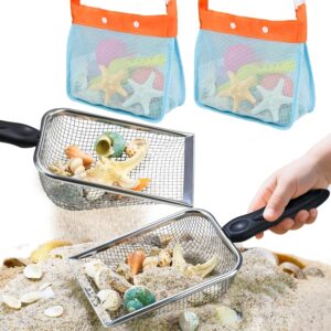 2 PCS Beach Mesh Shovel Sand Sifters with 2 PCS Mesh Beach Bag, Shark Tooth Sift