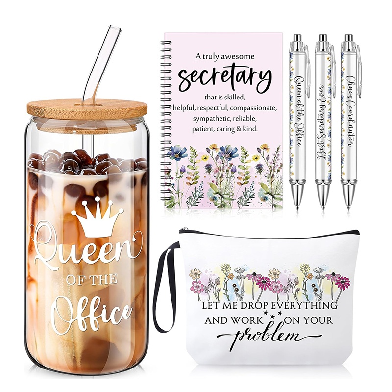 6pcs Secretary Gift for Women, 16 oz Glass Tumbler with Lids Straw Travel Makeup