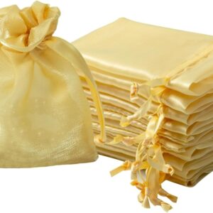 QIANF 20 Pcs Gold Small Organza Bags 3X4 inch for Wedding Favors with Drawstr...