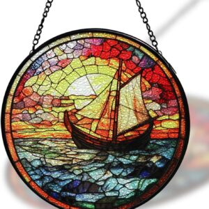 Sailboat Decor Nautical Wall Art Hanging 7.9" Stained Glass Window Suncatcher...