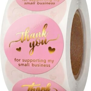 Pink Thank You Stickers Gold Foil – 500 Waterproof 1.5” Round Labels for Smal...