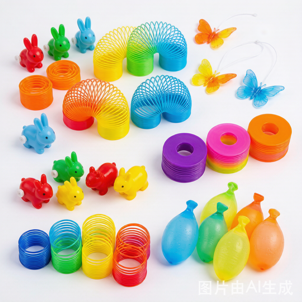 Bulk novelty toys including wind-up toys, spring coils, and party favors for wholesale buyers